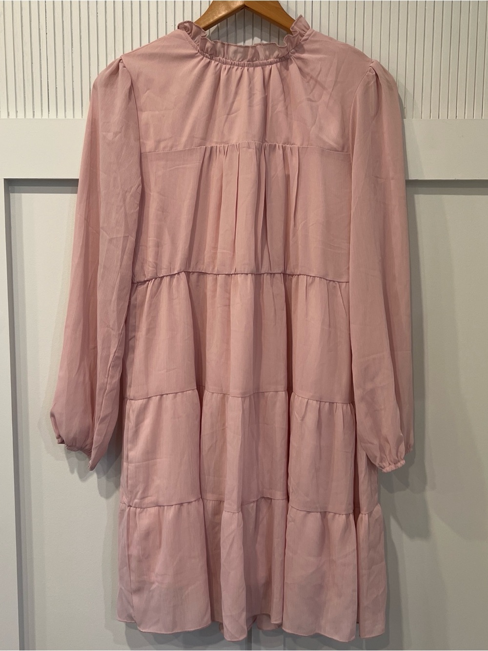 Ruffled High-Neck Pink Tiered Babydoll Midi Dress